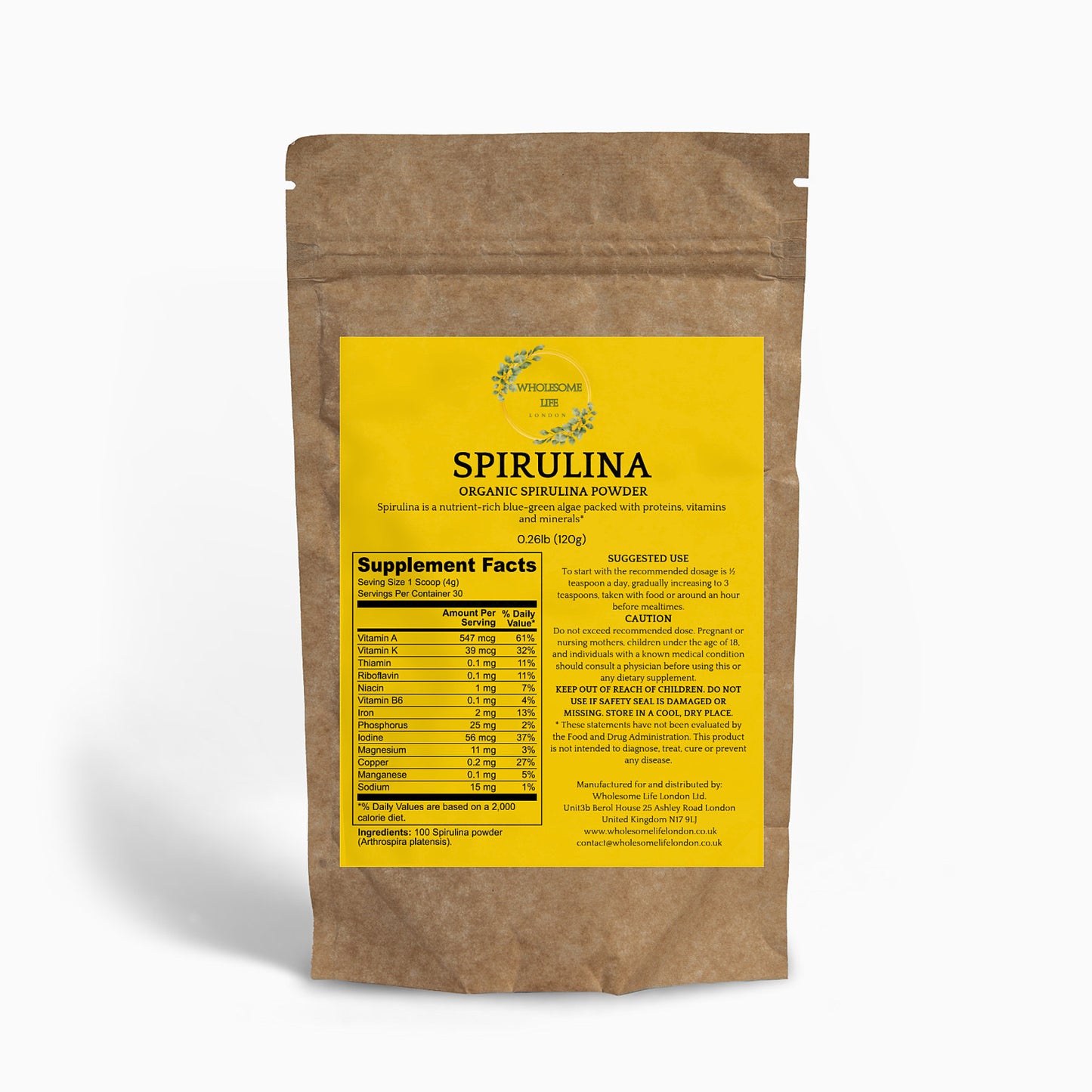 Wholesome Life London Organic Spirulina Powder 0.26lb